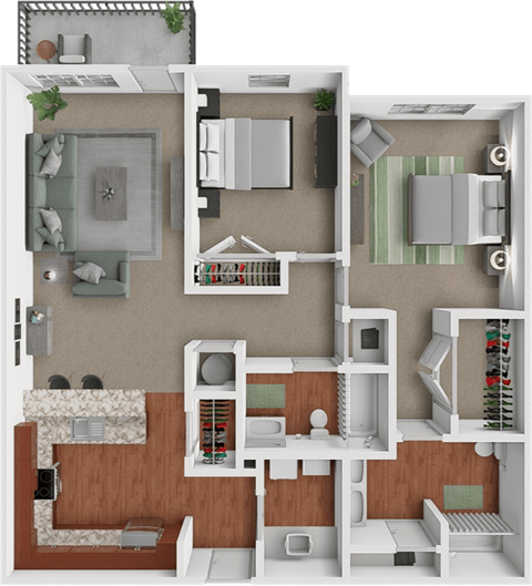 Floor plan for 2 beds, 2 baths, 1137 sqft