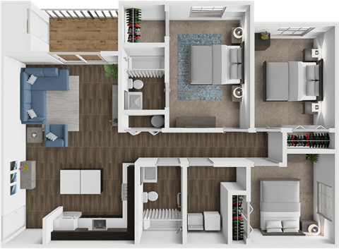 Floor plan for 3 beds, 2 baths, 1074 sqft