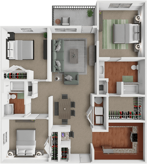 Floor plan for 3 beds, 2 baths, 1252 sqft