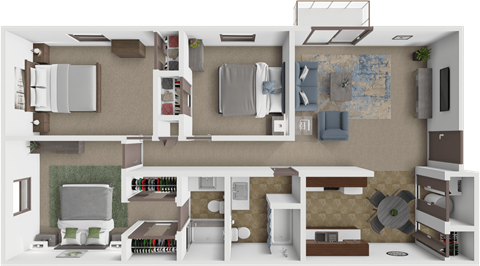 Floor plan for 3 beds, 2 baths, 1000 sqft