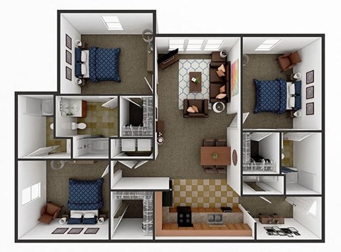 Floor plan for 3 beds, 3 baths, 1200 sqft
