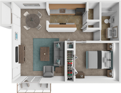 Floor plan for 1 bed, 1 bath, 741 sqft