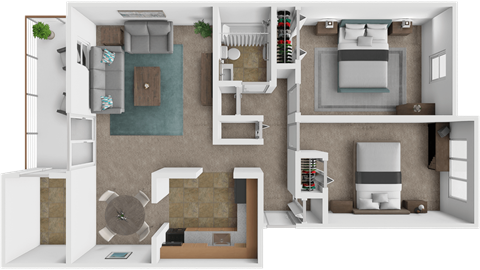 Floor plan for 2 beds, 1 bath, 917 sqft