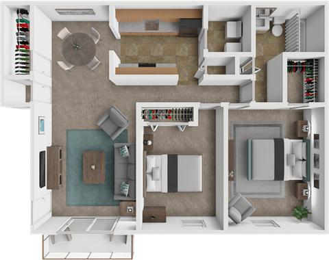 Floor plan for 2 beds, 1 bath, 943 sqft