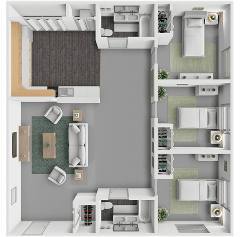 Floor plan for 3 beds, 2 baths, 800 sqft