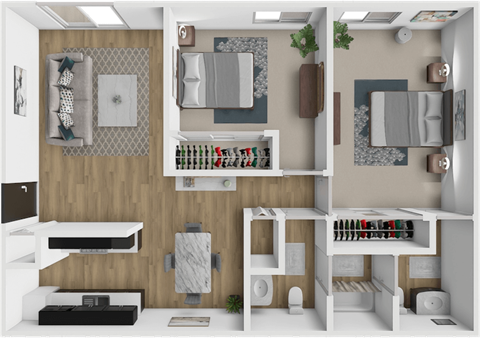 Floor plan for 2 beds, 2 baths, 990 sqft