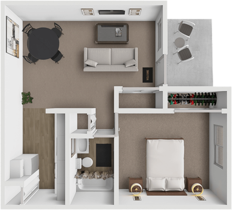 Floor plan for 1 bed, 1 bath, 562 sqft