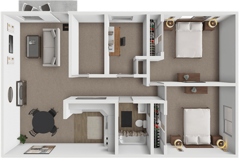 Floor plan for 2 beds, 1 bath, 842 sqft