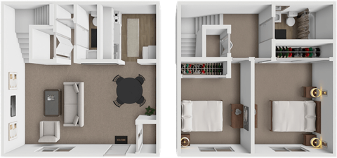 Floor plan for 2 beds, 1.5 baths, 943 sqft