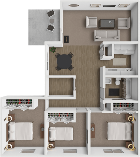 Floor plan for 3 beds, 1 bath, 955 sqft