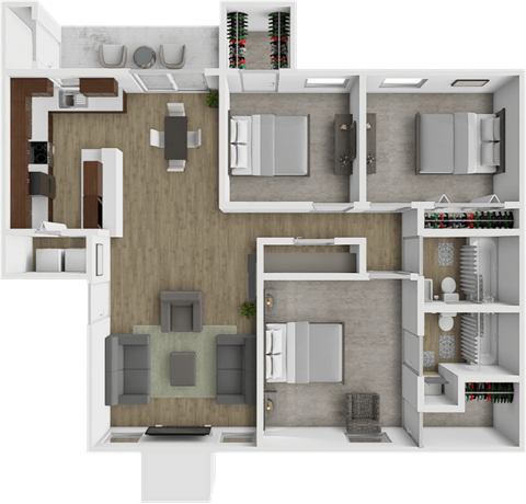 Floor plan for 3 beds, 2 baths, 1103 sqft