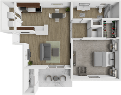 Floor plan for 1 bed, 1 bath, 690 sqft
