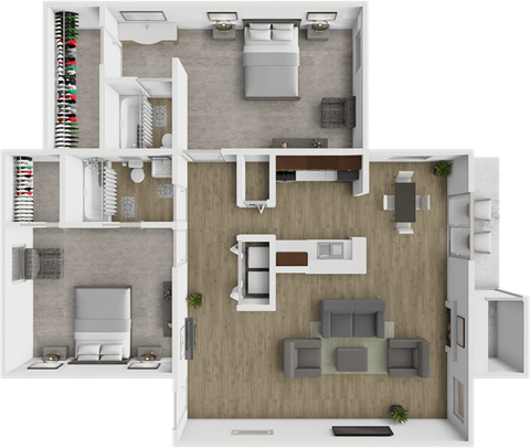 Floor plan for 2 beds, 2 baths, 1040 sqft