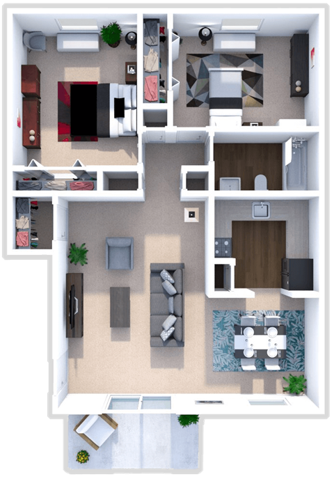 Floor plan for 2 beds, 1 bath, 852 sqft