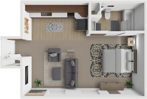 Floor plan for studio, 1 bath, 590 sqft
