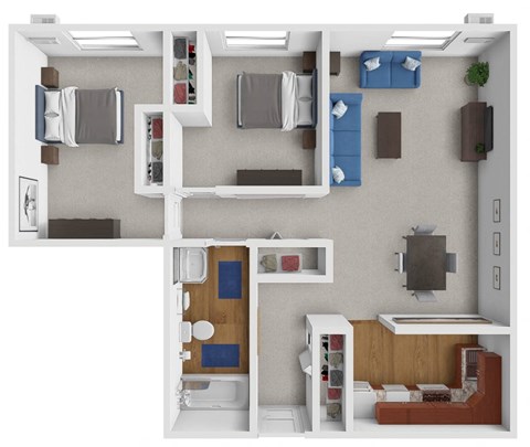 Floor plan for 2 beds, 1 bath, 750 sqft