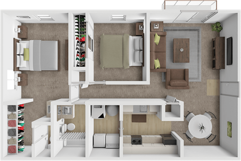 Floor plan for 2 beds, 1.5 baths, 850 sqft