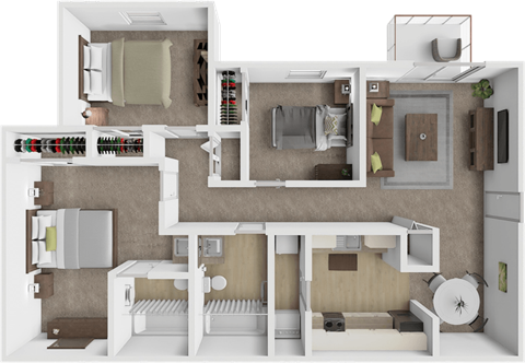 Floor plan for 3 beds, 2 baths, 1044 sqft