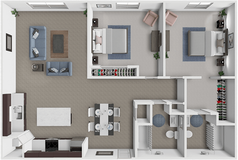 Floor plan for 2 beds, 2 baths, 835 sqft
