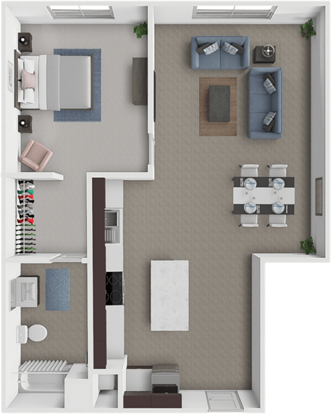 Floor plan for 1 bed, 1 bath, 601 sqft