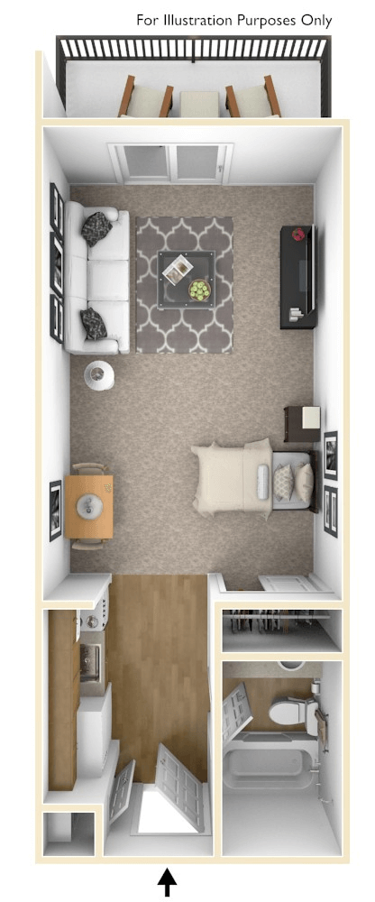 Floor plan for studio, 1 bath, 390 sqft