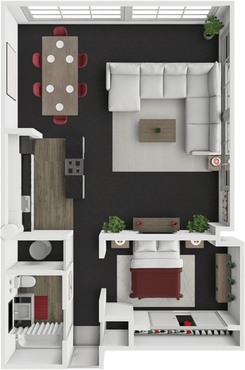Floor plan for 1 bed, 1 bath, 910 sqft