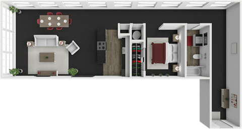 Floor plan for 1 bed, 1 bath, 1000 sqft