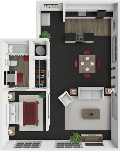 Floor plan for 1 bed, 1 bath, 536 sqft