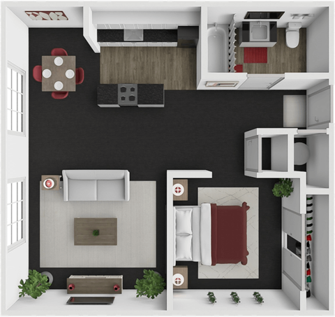 Floor plan for 1 bed, 1 bath, 590 sqft