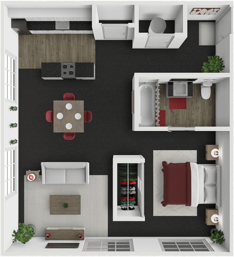 Floor plan for 1 bed, 1 bath, 605 sqft