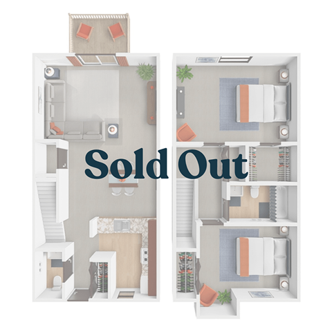 Floor plan for 2 beds, 1.5 baths, 791 sqft