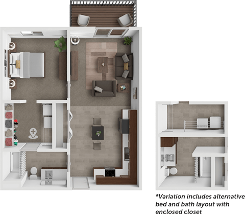 Floor plan for 1 bed, 1 bath, 717 sqft