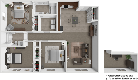 Floor plan for 3 beds, 2 baths, 1289 sqft