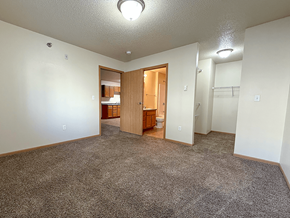 Williston apartment for rent - A sparsely furnished room with a carpeted floor and a doorway leading to another room.