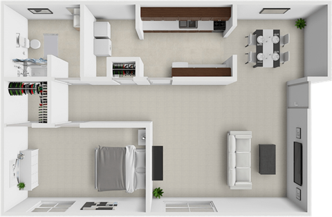 Floor plan for 1 bed, 1 bath, 766 sqft