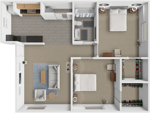 Floor plan for 2 beds, 1 bath, 735 sqft