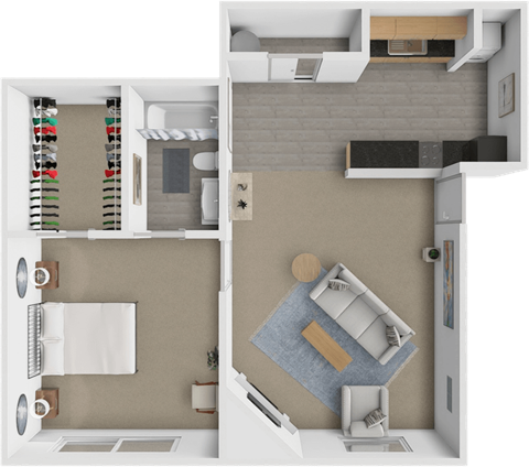 Floor plan for 1 bed, 1 bath, 580 sqft