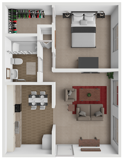 Floor plan for 1 bed, 1 bath, 524 sqft