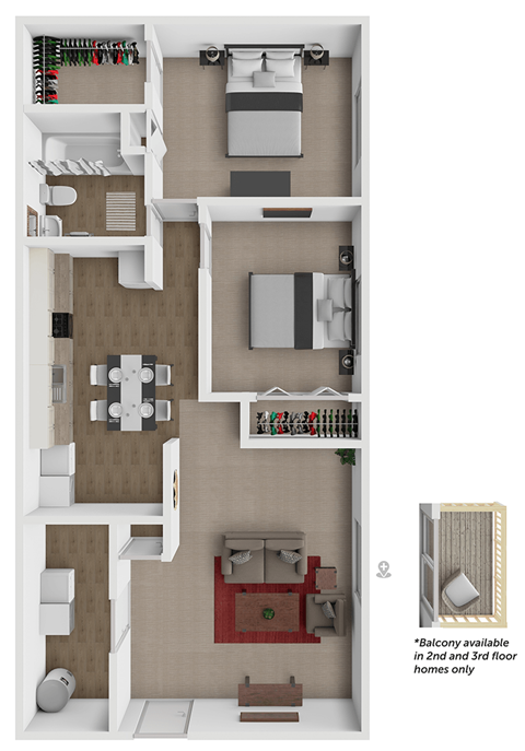 Floor plan for 2 beds, 1 bath, 986 sqft