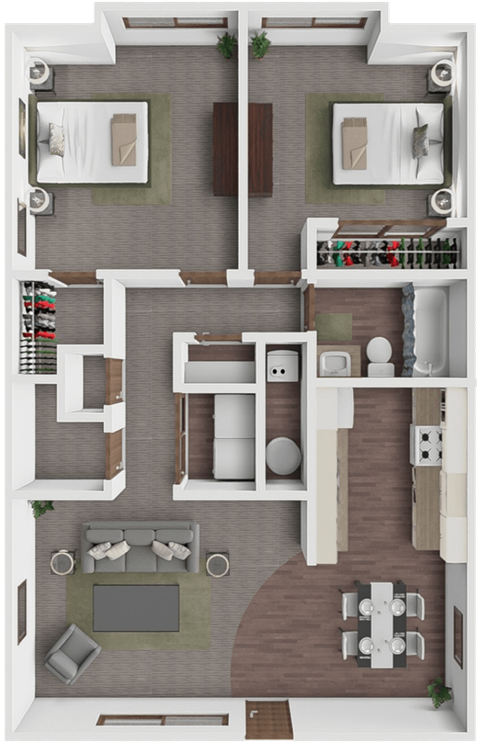 Floor plan for 2 beds, 1 bath, 950 sqft