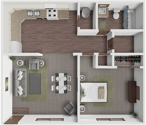 Floor plan for 1 bed, 1 bath, 670 sqft