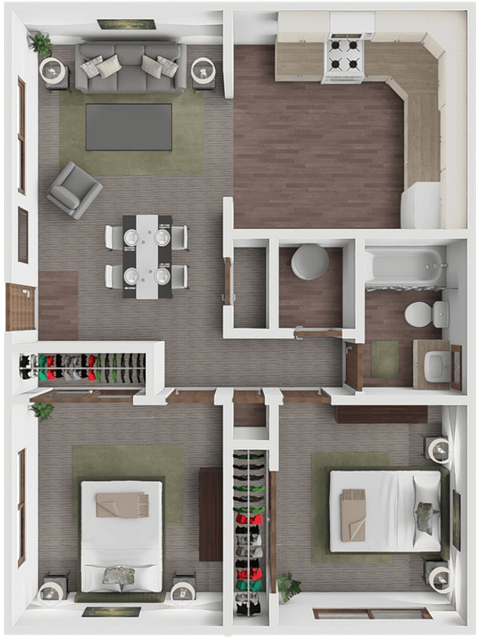 Floor plan for 2 beds, 1 bath, 770 sqft