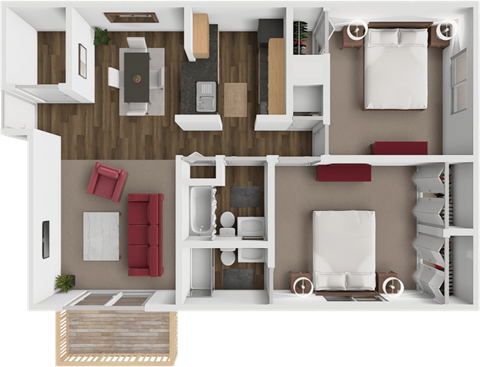 Floor plan for 2 beds, 2 baths, 1000 sqft