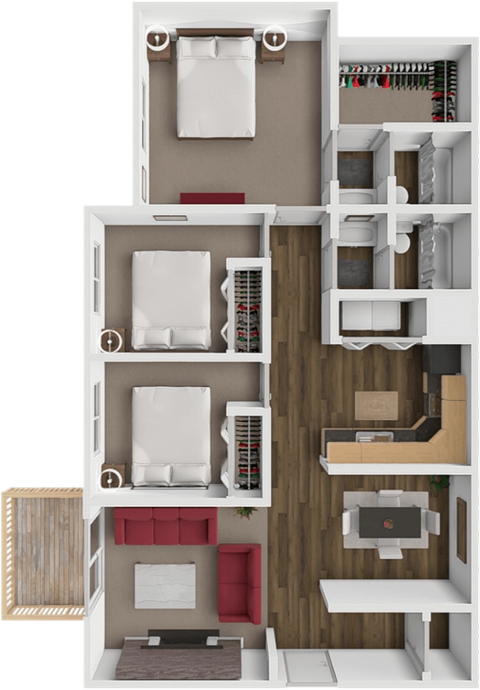 Floor plan for 3 beds, 2 baths, 1280 sqft