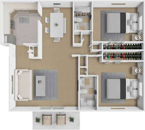 Floor plan for 2 beds, 2 baths, 1002 sqft