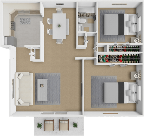 Floor plan for 2 beds, 1 bath, 811 sqft