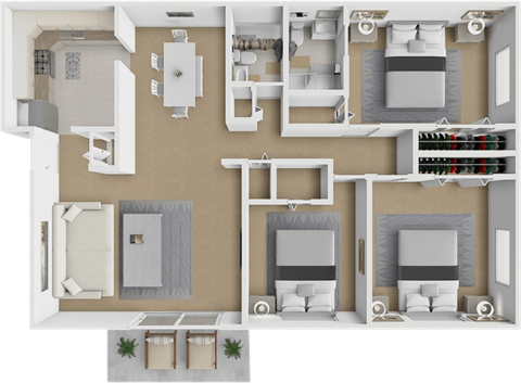 Floor plan for 3 beds, 2 baths, 1121 sqft