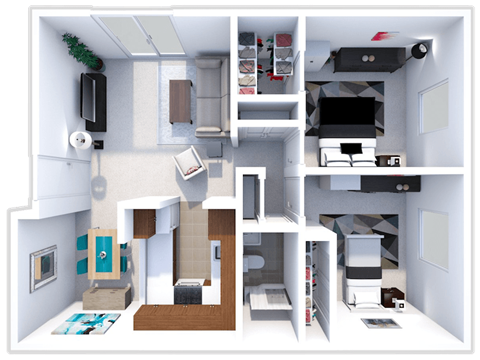 Floor plan for 2 beds, 1 bath, 879 sqft