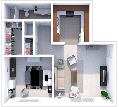 Floor plan for 1 bed, 1 bath, 662 sqft