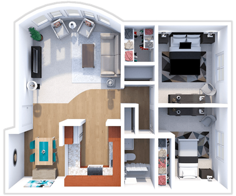 Floor plan for 2 beds, 1 bath, 957 sqft